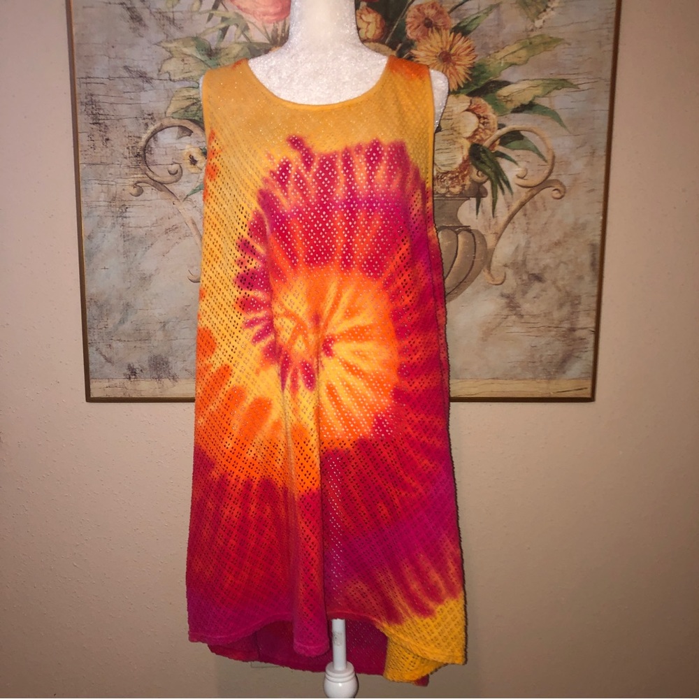 Sz 2XL Beach Cabana Laser Cut Spiral Tie Dye Swim Coverup